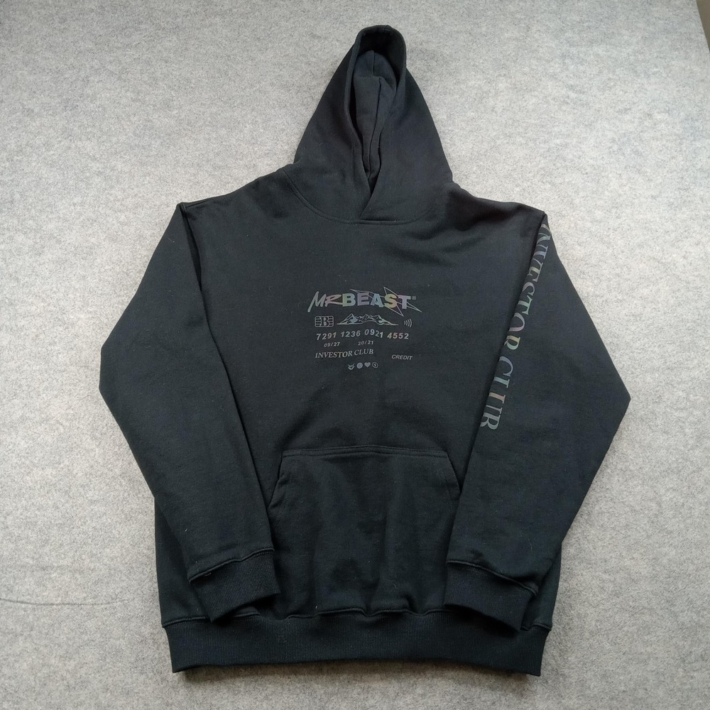 MrBeast Hoodie Youth 16 Black Investor Club Graphic‎ Pullover Fleece Sweatshirt